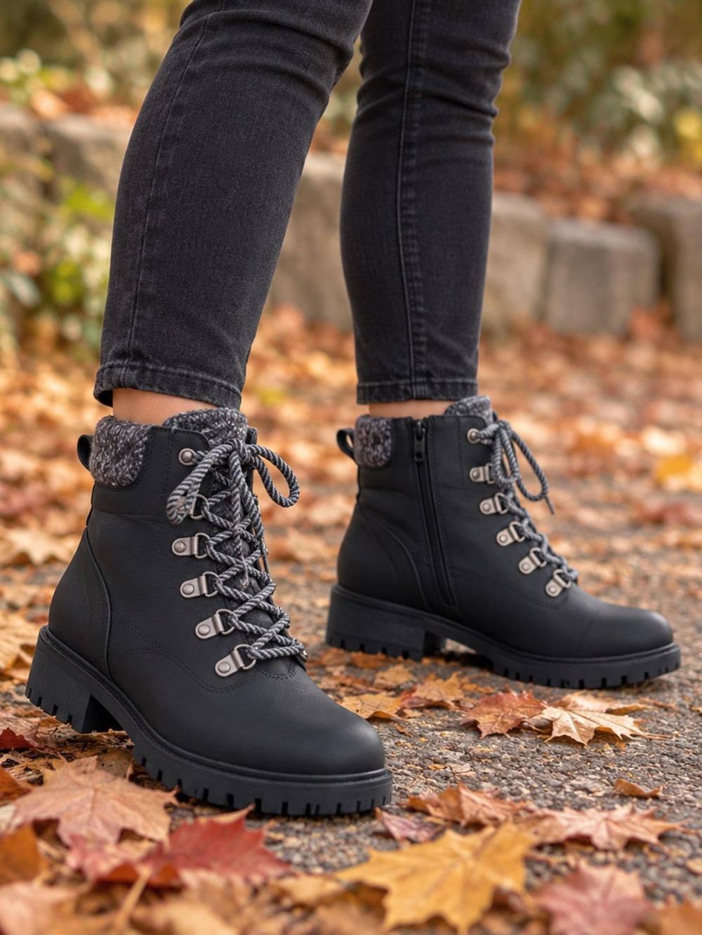SM New York Black Lace-Up Faux Fur Collar Ankle Boots